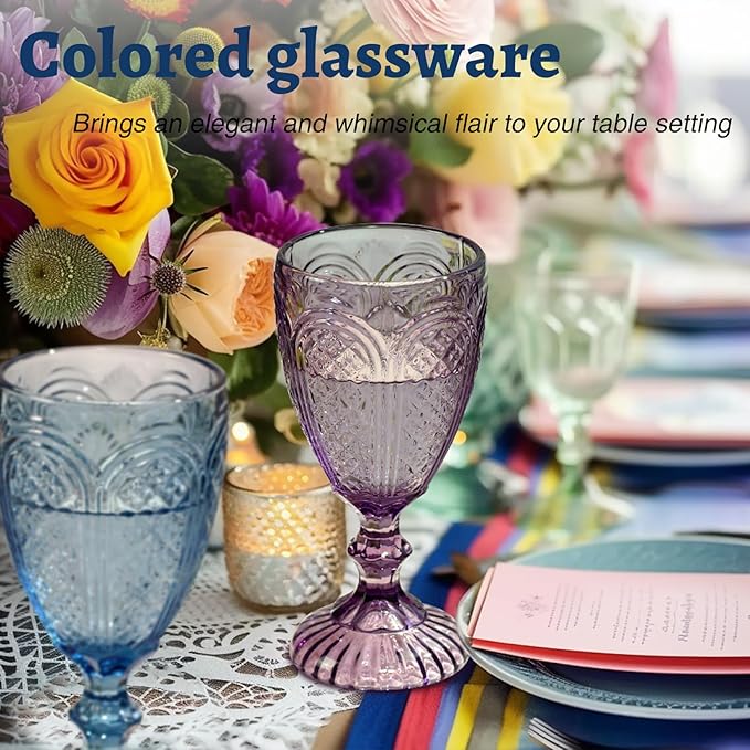 Colored Wine Glasses set of 6 glass goblets, vintage Colored glassware, drinking glasses for a baby shower, wedding, birthday ,or fancy glassware for everyday,Wedding,Engagement,Birthday Gifts