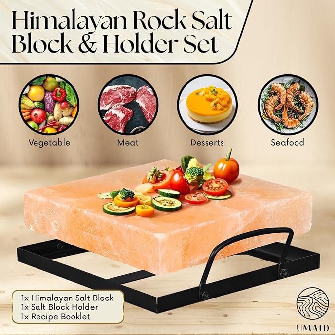 UMAID Himalayan Salt Block Cooking Plate 8x8x1.5 for Cooking, Grilling, Cutting and Serving, Food Grade Rock Salt Stone On Steel Tray with Recipe Pamphlet Unique Gifts for Men, Women, Dads & Cooks
