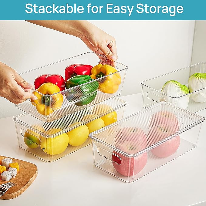 Vtopmart 8pcs Clear Organizers and Storage Bins with Lids, Stackable Plastic Storage Containers with Handles for Fridge, Freezer, Pantry, Cabinet, Kitchen Organization