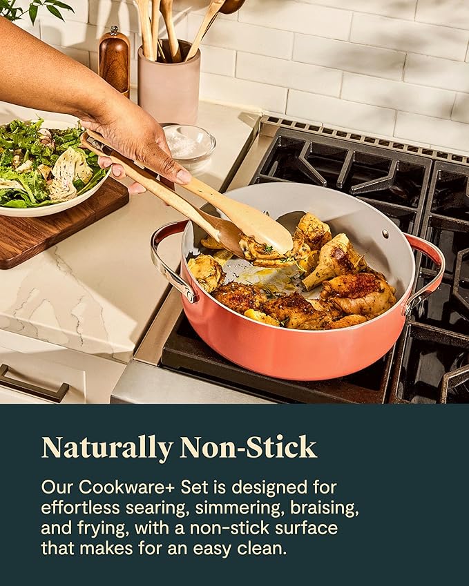 Caraway Cookware+ Collection - Specialty Cookware Set - Petite Cooker, Stir Fry Pan, Rondeau, & Stock Pot - 3 Lids & Storage Organizer Included - Marigold