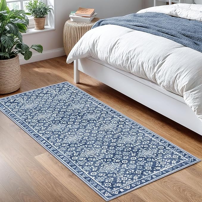 Vintage Washable 2x5 Rug Runner, Dusty Blue White Runners for hallways, Super Soft Kitchen Runner Rug Non Slip, Printed Faux Wool Floral Thin Carpet Runner for Entryway Laundry Room Bedroom