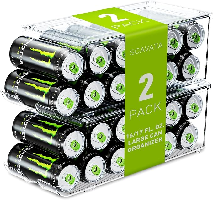 2 Pack Tall Skinny Can Organizer for Refrigerator, Stackable Large Soda Cans of 16oz & 17oz Beverage Energy Drink Container Holder Dispenser with Lid for Fridge, Clear Storage Plastic Bins