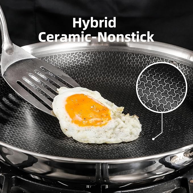 DELUXE Hybrid Ceramic Nonstick 5-Piece Fry Pan Set,8,10,12 Inch Frying Pans with Tempered Glass Lids,Stay-Cool Handles, Dishwasher Safe, Works on All Stovetops (Induction, Gas, Electric)