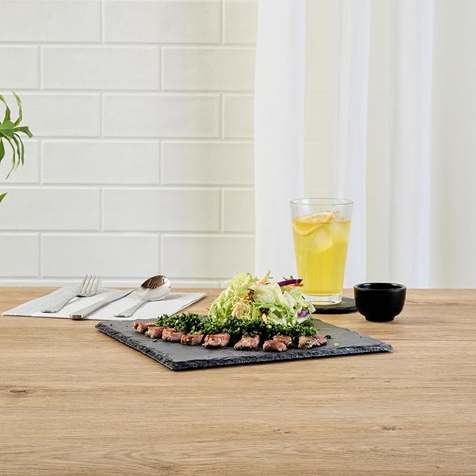 Restaurantware Slate Serving Trays 4 Pack of 10 x 10" Foam Feet Charcuterie Stone Plates Rustic Edges Freezable Black Square Serving Display Cheese Boards for Kitchen, Gourmet, Dining, Parties
