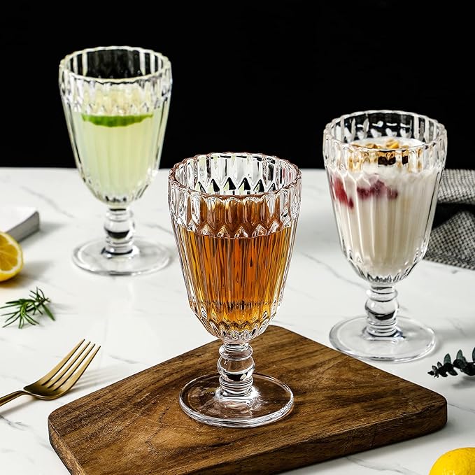 Vintage Embossed Glass Chalice Goblets ๐ด.๐ด ๐ค๐ฏ. Set of 6 Clear Stemmed Drinking Glassware for Iced-tea, Juice, Cocktail, Beverage for Wedding and Party.