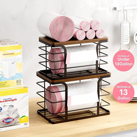 2 Pack Storage Stackable Kitchen Laundry Pantry Organizers,Wall Mount Trash Bag Holder Dispenser with Bamboo Top Countertop Organizer,Brown