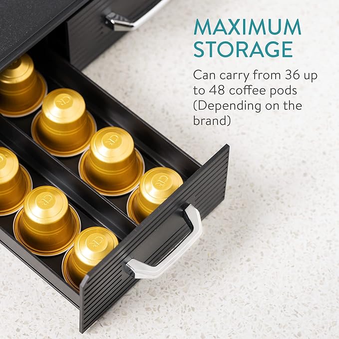 Navaris Coffee Capsule Holder and Organiser - Storage Box Coffee Accessories with 3 Compartment Drawers - Compatible with Most Standard Capsule Sizes - Black