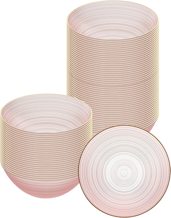 Restaurantware Plastic Bowls 100 Pcs 16 oz Gold Rimmed Disposable Soup Bowls Heavy-Duty Pink Translucent Rippled Dinnerware Containers for Party, Desserts, Salads, Snacks, and Catering