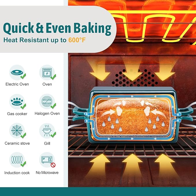 P&P CHEF 2 In 1 Enameled Cast Iron Loaf Pan with Lid, 9 x 5 Inch Bread Loaf Pans for Baking Homemade Sourdough Bread, Meatloaf, Toast, Cake, Nonstick & Healthy & Sturdy, 2 Piece Set - Dark Green