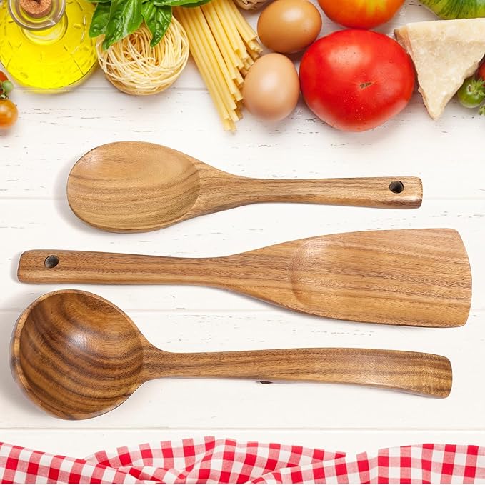 Wooden Spoons for Cooking, Wooden Utensils for Cooking Natural Teak Wooden Kitchen Utensils Set Comfort Grip (3 PCS)
