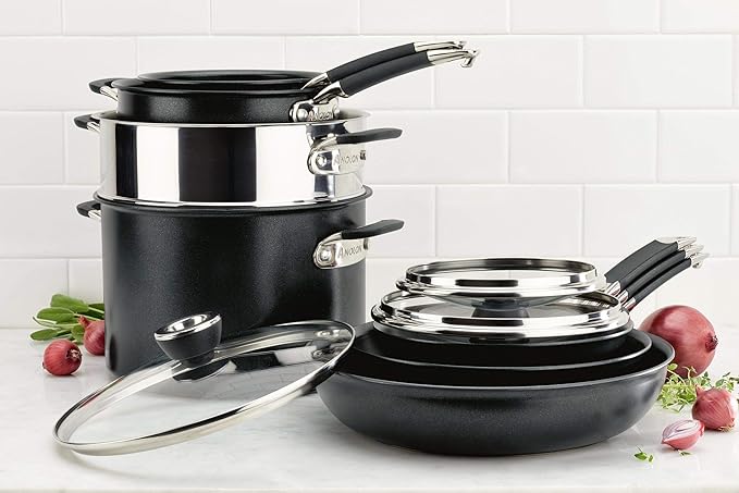 Anolon SmartStack Hard-Anodized Nesting Pots and Pans Set/Cookware Set, 10-Piece, Black
