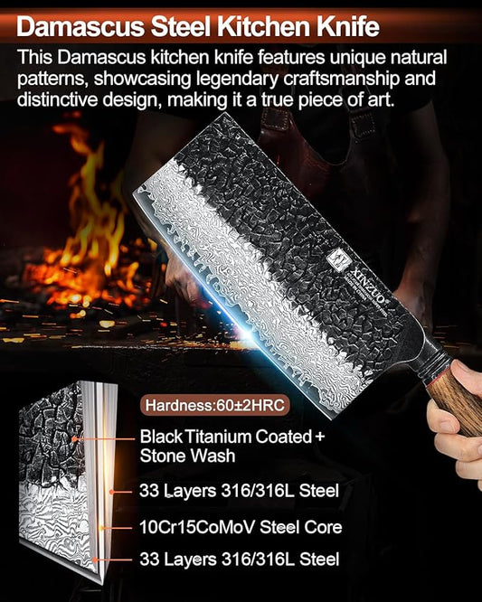 XINZUO 7.3 Inch Vegetable Cleaver Knife,10Cr15Comov Steel Core Forged Damascus Steel,Sharp Slicing Knife For Home Kitchen And Restaurant,Ergonomic White Oak + Red G10 Gasket Handle