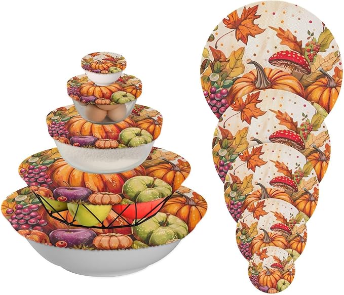 5 Pcs Bowl Covers Reusable in 5 Size Elastic Food Cover Cloth Lids Fresh Keeping Dish Cookware Bakeware Fabric Covers Lids for Food Leftovers Fruits Storage Fall Harvest Pumpkins Mushroom O
