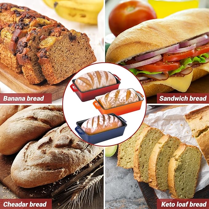 9x5 Inch Enameled Cast Iron Loaf Pan with Lid, Perfect Bread Baking Pan | Even Heat Distribution for Homemade Bread, Cake, Meatloaf,2 Piece set,Red