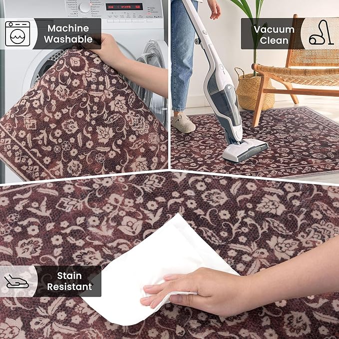 Vintage Entryway Rug Indoor, Deep Burgundy Washable Rug 2x3, Small Area Rug with Non-Slip Backing, Floral Print, Thin Faux Wool Super Soft Door Mat for Kitchen, Entrance, Bedroom, Office