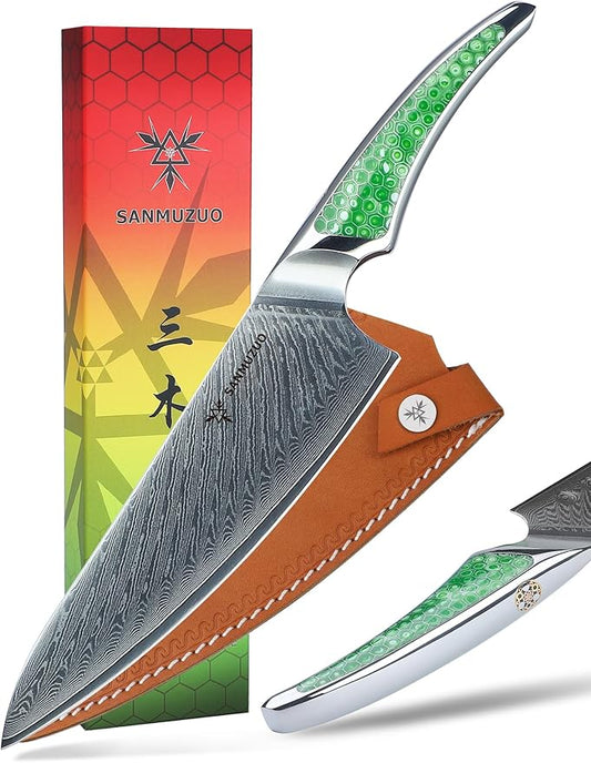8 inch Chef Knife, Japanese VG-10 Damascus Steel Kitchen Knife, Ultra Sharp Cooking Knife with Full-tang Handle in Green Resin, LA-S9 Series