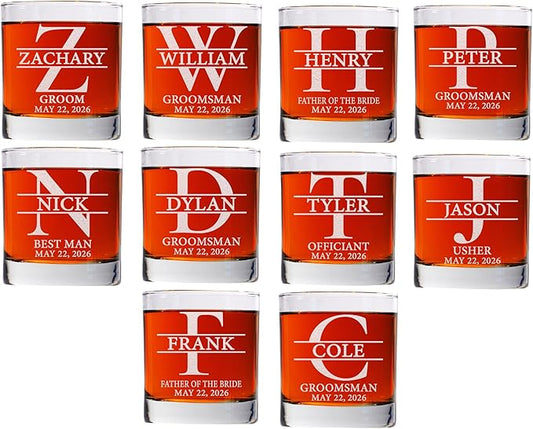 Set Of 10, Personalized Whiskey Glass For Groomsman Gifts, Best Man, Groom, 11oz Old Fashioned Custom Monogrammed Whiskey Glass