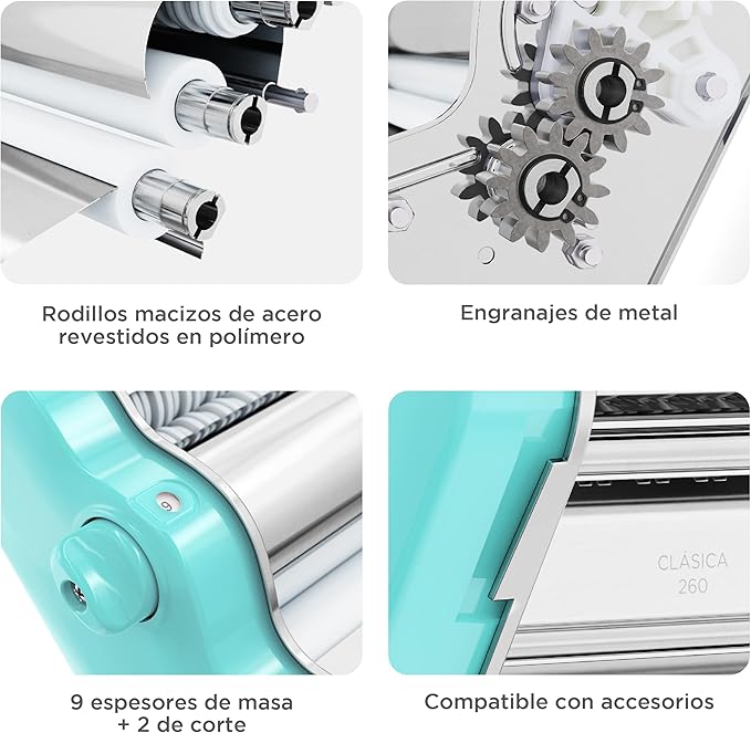 PASTALINDA Classic 260 Pasta Maker Machine, 26 cm Wide Rollers, 9 Thickness Positions, 2 Cutting Positions, Stainless Steel. Includes Reinforced Hand Crank And Two Clamps (Acqua)