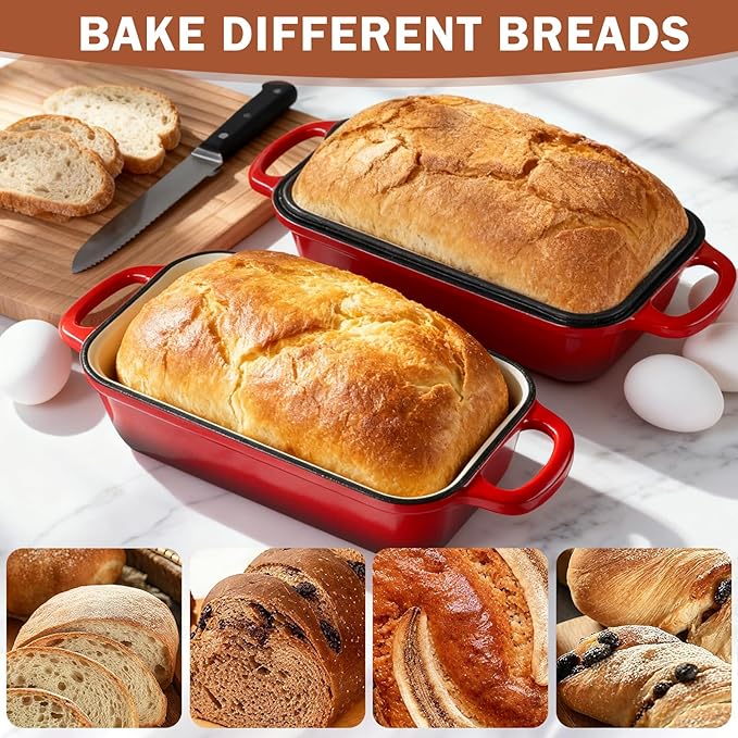 9 x 5 Inch Bread Pan Enameled Cast Iron Loaf Pan with Lid for Baking, 2 in 1 Non-stick Sourdough Bread Loaf Pan for Homemade Bread, Oven & Stovetop Safe for Gas, Electric & Induction, Red