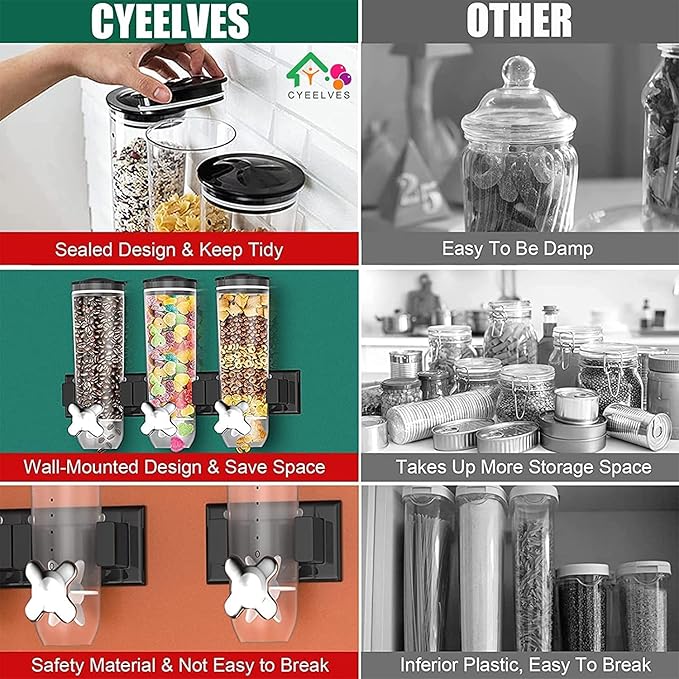 Triple Food Dispenser Wall Mounted Cereal Dispenser, Grains Dispenser Wall Mounted Dry Food Dispenser with 3 Cup, Candy Dispenser Snack Container for Kitchen Store Nut Coffee Beans 4.5L