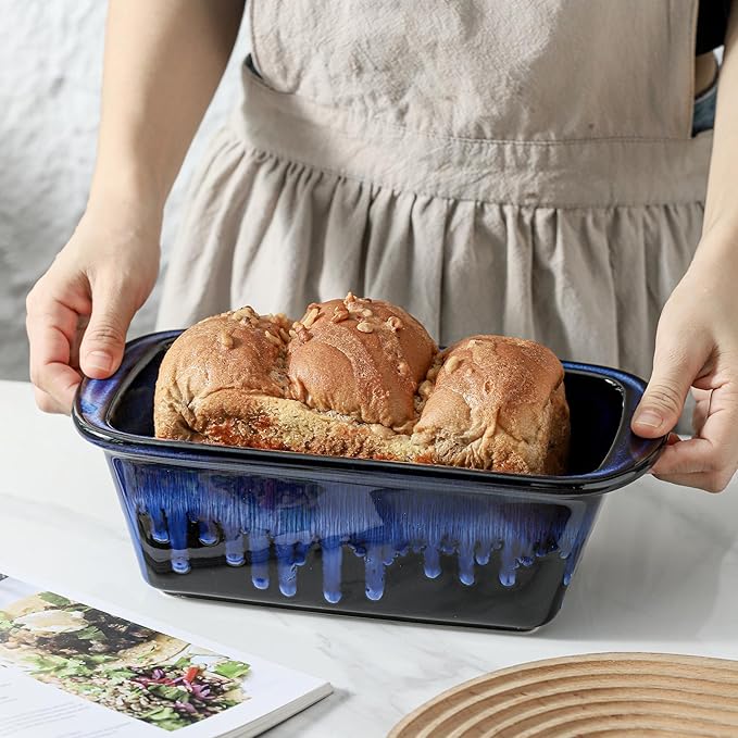 Ceramic Loaf Pan for Baking, 9 x 5 Inch Rectangular Bread Pan, Bakeware for Cooking, Home Kitchen (Nebula Blue, Reactive Glaze)