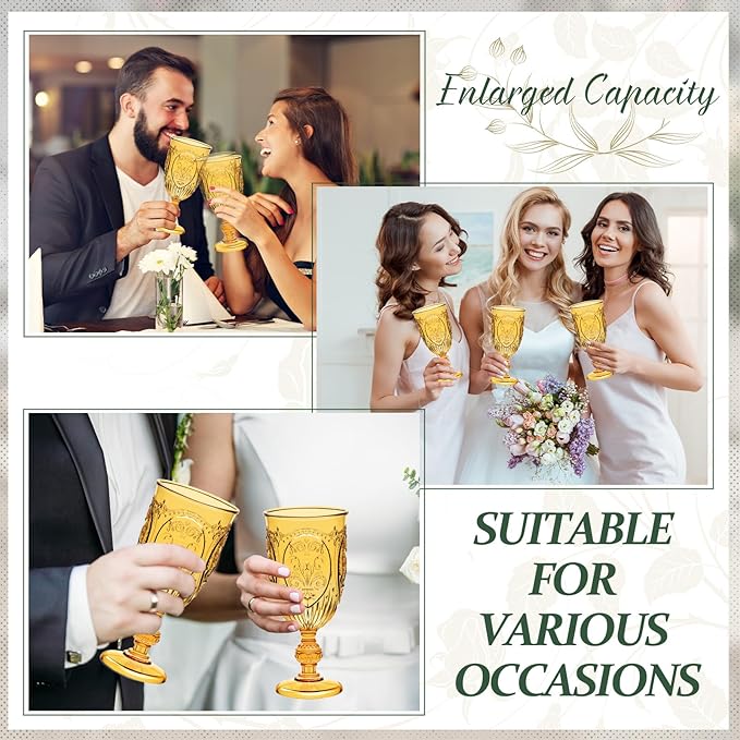 60 Pack Plastic Goblets 10oz Upgrade Vintage Water Goblet Plastic Wine Glasses Colored Retro Embossed Glassware for Party Wine Bar Juice Baby Shower Wedding Reception Grand (Amber)