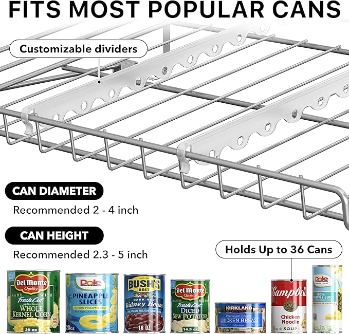 Simple Houseware Stackable Can Rack, Silver, Adjustable Plastic Dividers, Holds 36 Cans