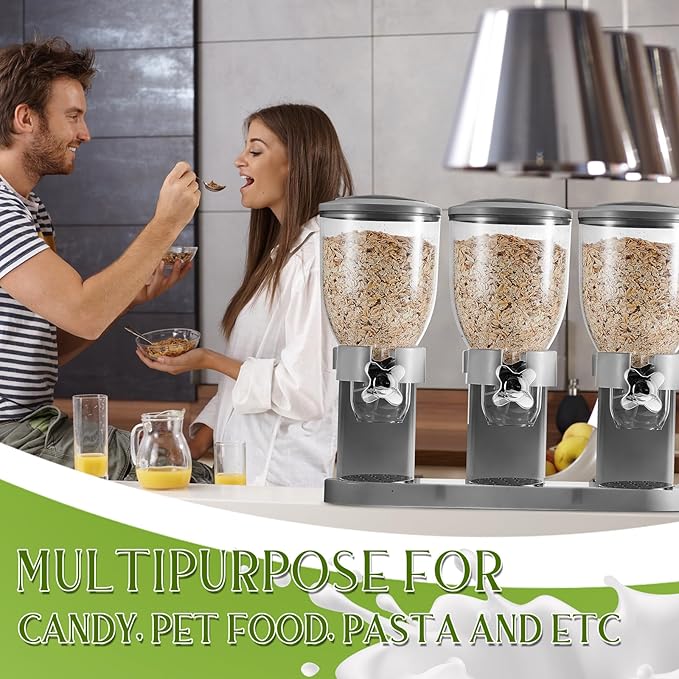 Umigy 1 Pack Triple Indispensable Dry Food Dispenser 67oz Each Capacity Cereal Container for Storage Preserving Dispensing Kitchen Rice Candy Nuts Dog Food Granola Snack Gumball Countertop (Gray)