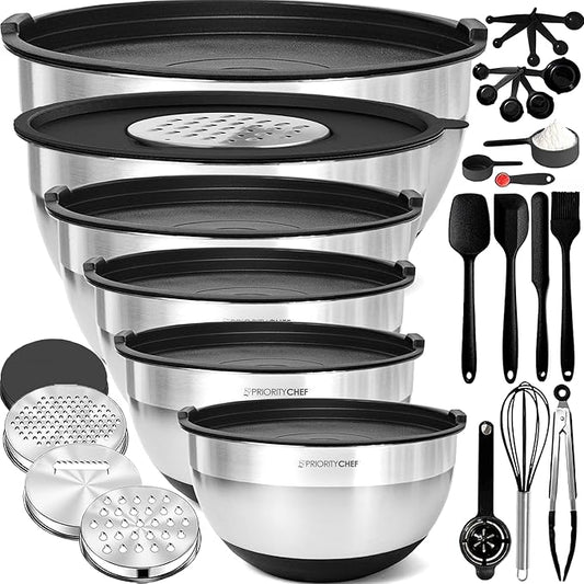 Priority Chef Stainless Steel Mixing Bowls with Lids Set - Premium 30Pcs with 6pc Metal Bowl Set for Kitchen, 3 Graters, Airtight Lids, Non-Slip Bases & Silicone Utensils, Black