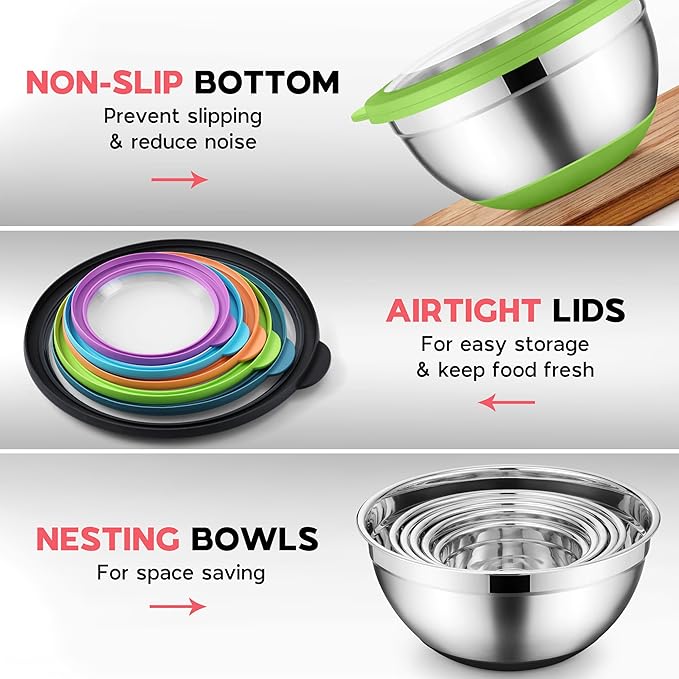 Onader Colorful Mixing Bowl Set of 6 for Kitchen, Large Stainless Steel Metal Nesting Mixing Bowls with Airtight Lids, Non Slip - Size 1, 1.5, 2, 2.6, 3.5, 7QT