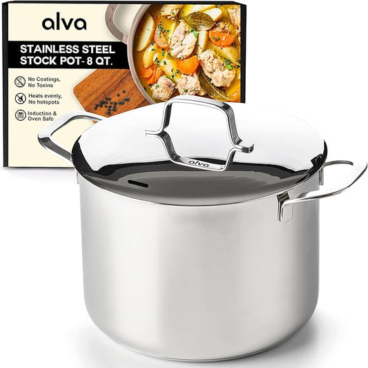 Alva Maestro Stainless Steel Stock Pot 8Qt. - Lasered Engrave Measurement, Oven Safe and Made without PFAS, PFOA & PTFE - Induction and All Stovetop Compatible with Even Heat Distribution