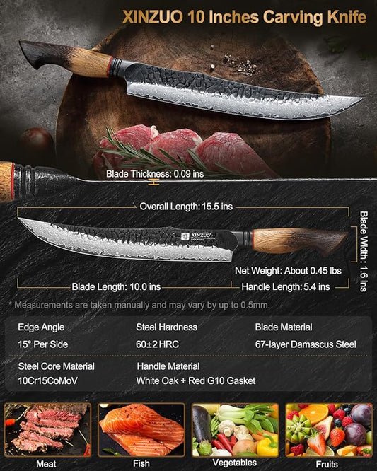 XINZUO 10 Inch Brisket Carving Knife,67-Layer Damascus Steel,Razor Sharp Curved Butcher Breaking Knives For Meat Cutting With White Oak + Red G10 Gasket Handle