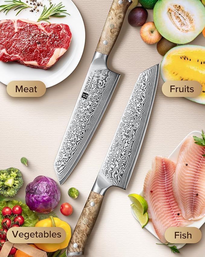 XINZUO Damascus 8.3 Inch Kiritsuke Chef Knife,Hand Forged High Carbon Steel Sharp Kitchen Cutting Knife,Comfortable Ergonomic Full Tang Figured Sycamore Wood Handle