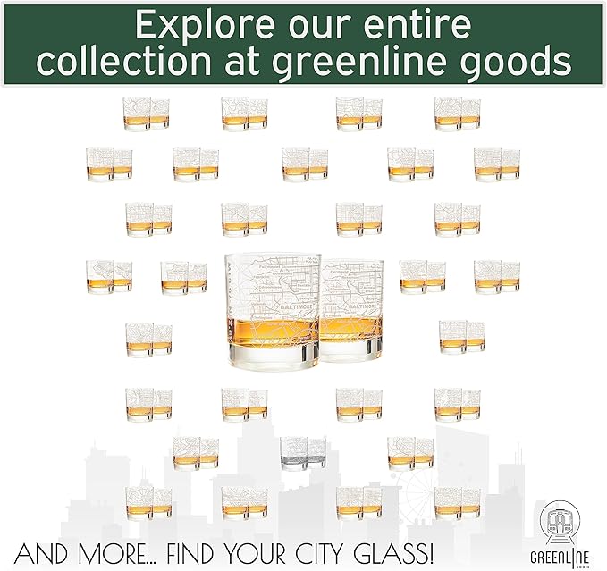 Greenline Goods Whiskey Glasses - 10 Oz Tumbler Set for Baltimore lovers, Etched with Baltimore City Map Old Fashioned Rocks Glass - Set of 2