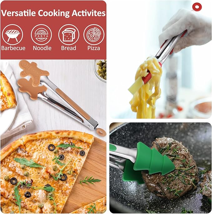 3-Piece Christmas Silicone Mini Tongs Set, 7-Inch Small Style Tongs for Cooking, Kids' Festival Set (Christmas Tree, Snowman, Gingerbread Man)