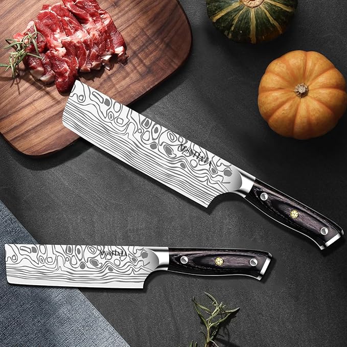 MOSFiATA Nakiri Kitchen Knife, 7”&5.5" Chef Knife Set, Ultra Sharp German Stainless Steel Cleaver Cooking Knife with Ergonomic Handle Gift Box