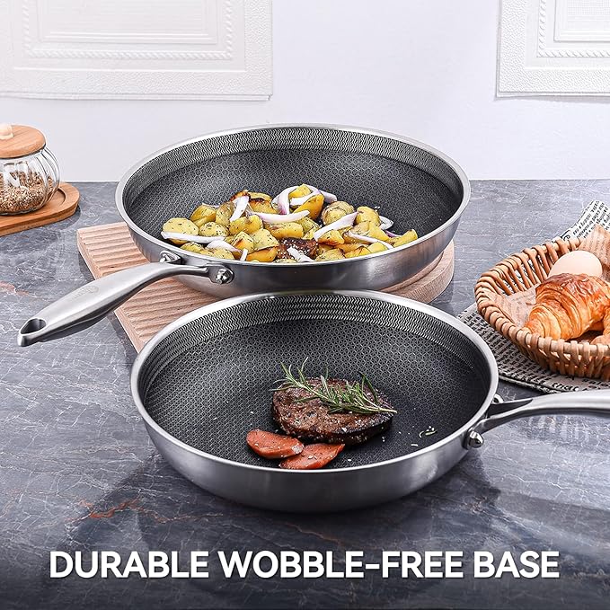 LOLYKITCH 8-10-12 Inch Hybrid Tri-Ply Stainless Steel Non-Stick Frying Pan Set of 3,Skillets,Induction Cooking Pans,Pots and Pans Set,Dishwasher and Oven Safe,Detachable Handle.