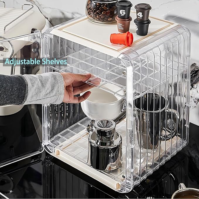Coffee Bar Organizer for Countertop - 2 Tier,Mug & Coffee Cup, K Cup Pod Storage Shelf, Multifunctional Kitchen Cabinet organizer for Coffee Bar & Kitchen Condiments (Grey, Medium)