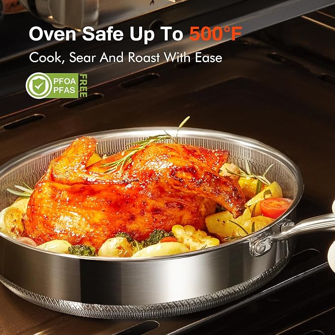 USELUCK-Non-electric deep fryers,Frying Pan with Lid,Tri-play Stainless steel Non-stick,Non-toxic Deep Frying Pan with Tempered Glass Lid, 12 inch 5.5 QT,Stay-Cool Handles Induction, Oven, Dishwasher.