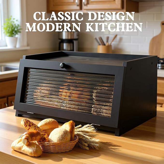 Bread Box for Kitchen Countertop Large Bread Box Farmhouse Bread Container Bread Storage with Window Bread Holder Black