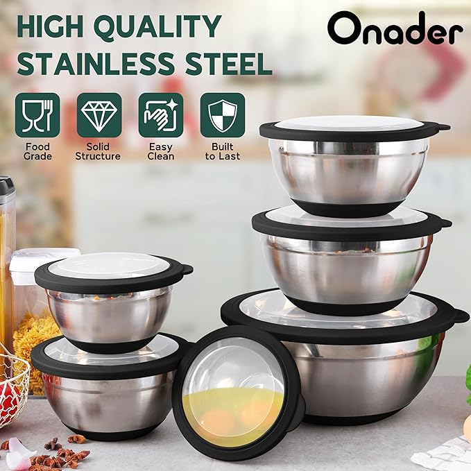 Onader Mixing Bowls with Lids Set of 6 for Kitchen, Stainless Steel Metal Nesting Bowls with Non-Slip Bottom Black - Size 1, 1.5, 2, 2.6, 3.5, 7QT