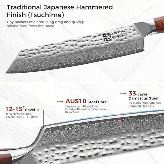 KEEMAKE Damascus Chef Knife 8 inch - Kiritsuke knife with Hammered Damascus Steel Blade Kitchen Knives, Pakkawood Handle Chopping Knife for Meat Cutting, w/Walnut Sheath