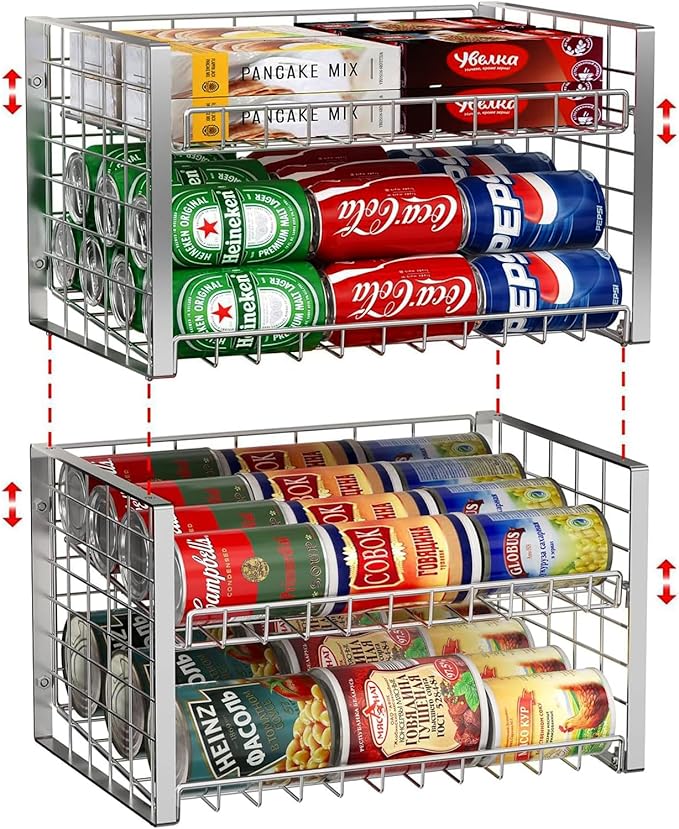 JKsmart 2-Tier Stackable Can Rack Organizer for Pantry, Adjustable Can Dispenser Holds Up to 62 Cans, Can Storage Holder for Various Ounces of Canned Food Soda Drinks, Silver, 2 Pack (Petent Pending)