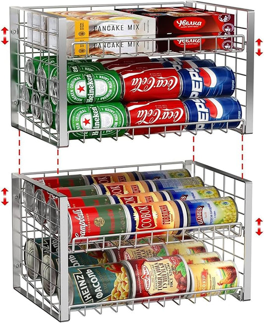 JKsmart 2-Tier Stackable Can Rack Organizer for Pantry, Adjustable Can Dispenser Holds Up to 62 Cans, Can Storage Holder for Various Ounces of Canned Food Soda Drinks, Silver, 2 Pack (Petent Pending)