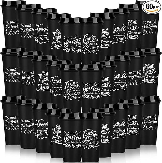 Pickmesh 60 Pcs Employee Appreciation Gifts Christmas Thank You Gift for Team Building 16 oz Teacher Plastic Coffee Cup with Lid Inspirational Travel Tumbler for Coworker Staff Pastor (Black)