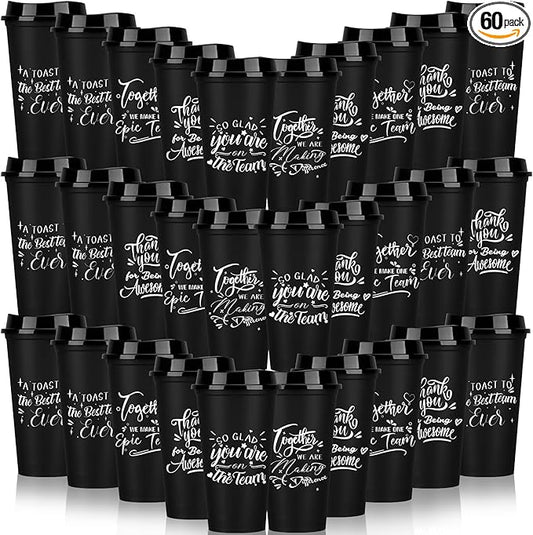 Pickmesh 60 Pcs Employee Appreciation Gifts Christmas Thank You Gift for Team Building 16 oz Teacher Plastic Coffee Cup with Lid Inspirational Travel Tumbler for Coworker Staff Pastor (Black)