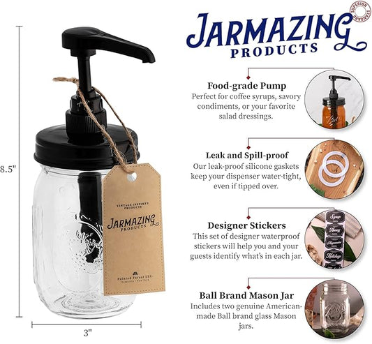 Jarmazing Products Mason Jar Syrup Dispenser - Set of 2 – 16 oz Ball Jars with Rust-Proof, Leak-Proof, Food Grade Pumps for Honey, Syrups, Condiments, Salad Dressings and More