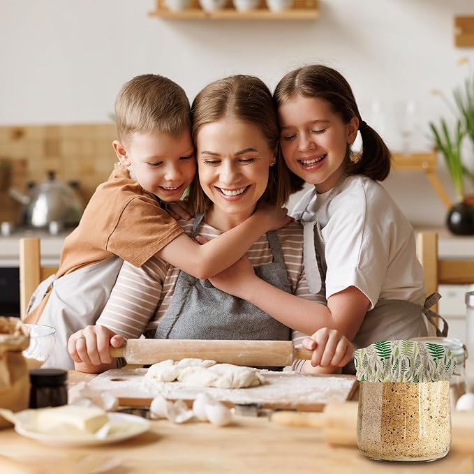 Vintage Green Leaves And Branches Sourdough Jar Cover Reusable Cloth Lid for Sour Dough Starter Jar,5 Pack Bread Fermentation Container Tops Elastic Fabric Caps