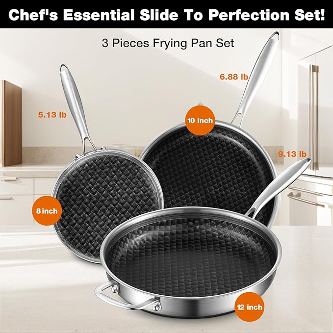 10-Inch Non Stick Frying Pans, Ceramic Coating NonStick Stainless Steel Pan Set, Tri-Ply Skillets and Pan Set with Lid, Cool-Touch Handle, Dishwasher and Oven Safe