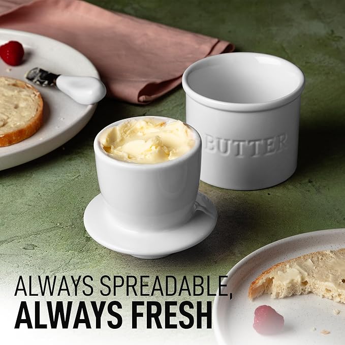 Zulay Kitchen Butter Crock With Lid & Spreader Knife for Countertop - Ceramic French Butter Dish Keeper For Fresh & Spreadable Butter - White